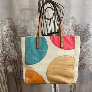 Fossil Large Well Made Colorful Heavy Duty Cloth Tote Bag Leather Accent Patches